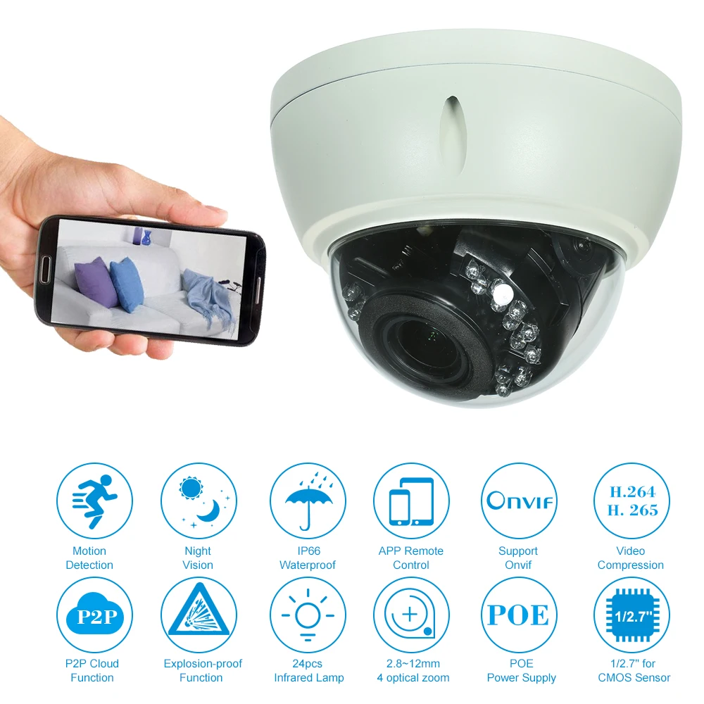 

5MP Camera HD IP Camera Optical Manual Zoom Internal Focusing Lens H.265/H.264 Optional COMS Sensor IR-CUT 24pcs IR Lamps