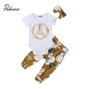 

Pudcoco Newborn Baby Girl Sparkles Letter Print Romper Bodysuit Floral Pants Outfits Set 3pcs Short Sleeve Clothes