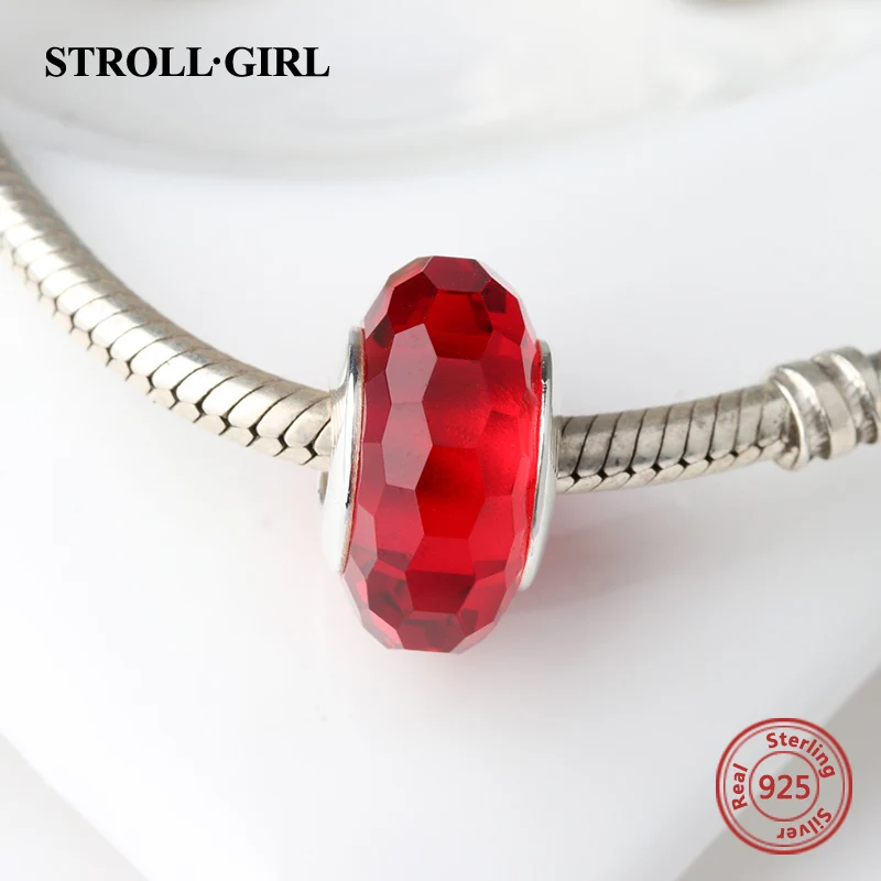 StrollGirl 925 silver sparkling Murano glass beads red color diy charms fit authentic pandora bracelet jewelry accessories gifts