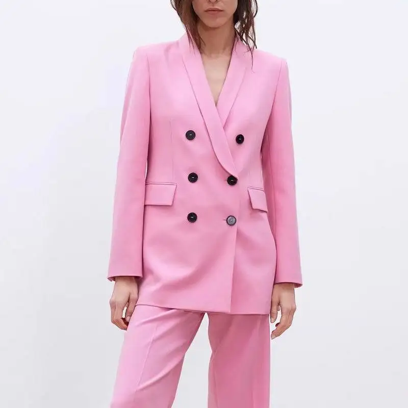 Women Chic Pink Blazer Pockets Double Breasted Long Sleeve Office Wear Coat Female Casual Outerwear Tops Women Chic Pink Blazer Pockets Double Breasted Long Sleeve Office Wear Coat Female Casual Outerwear Tops