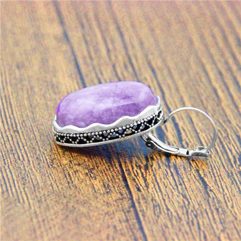 Большой овальный Природный камень фиолетовый серьги для Для женщин Винтаж Античный Посеребренная цветок Подвеска манжеты серьги