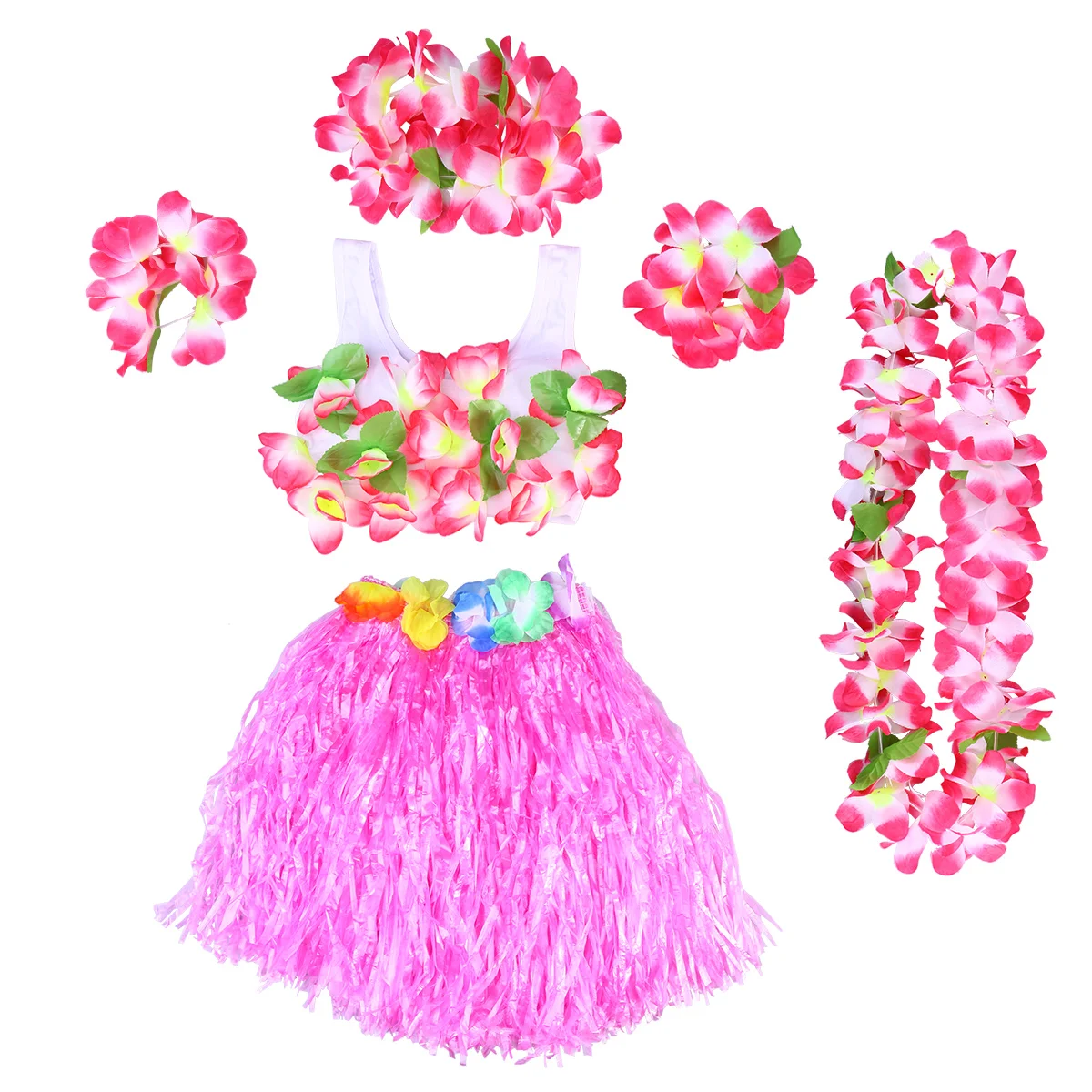 

6Pcs Hawaii Tropical Hula Grass Dance Skirt Kids Flower Leis Bracelets Headband Necklace Bra Set 40cm (Pink Skirt)