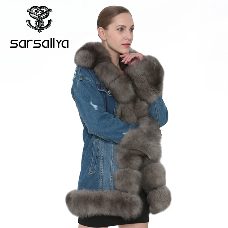 SARSALLYA Для женщин зима теплая Настоящий Лисий меховой воротник джинсовая куртка и пальто женская одежда куртка пальто натуральный мех деним Par