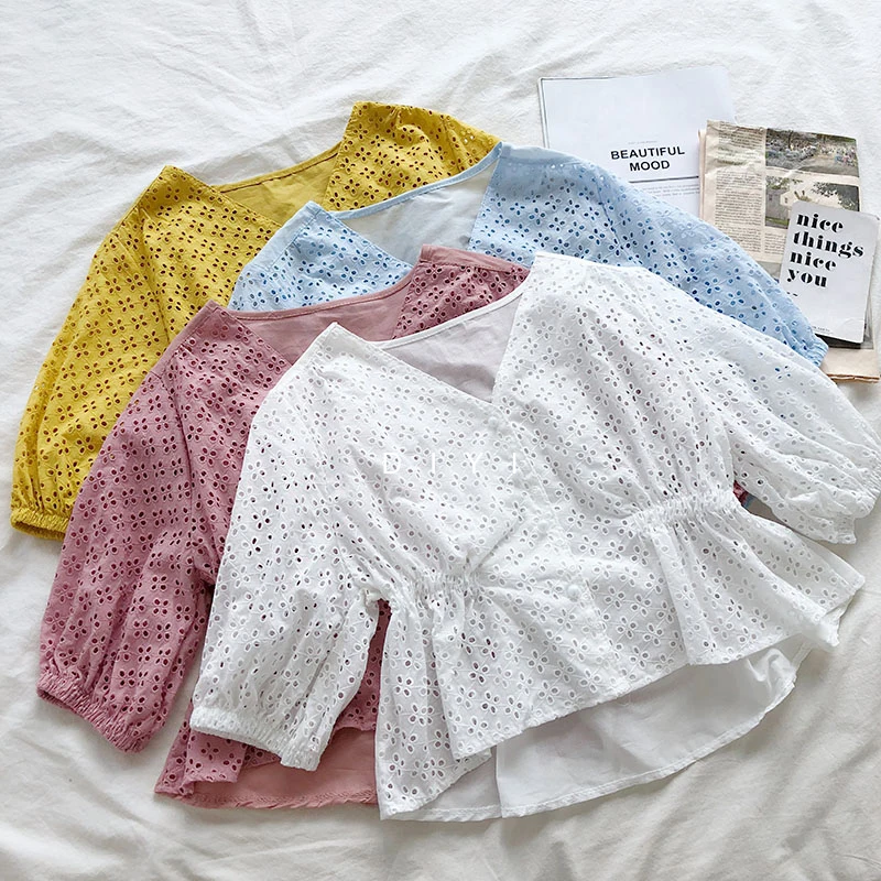 

2019 Women V-neck Embroidery Blouse Korean Fashion Hollow Out Sweet Style Shirts Half Sleeves Female Tops
