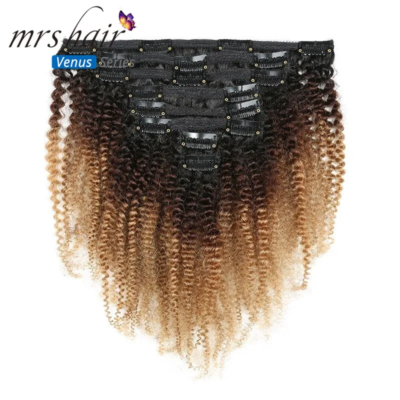 MRS Hair пряди для 120g зажим для наращивания на всю голову 1B/4/27, африканские Курчавые Кудрявые волосы на заколках для наращивания 8 шт./компл. бразильский человеческих волос на заколках для наращивания