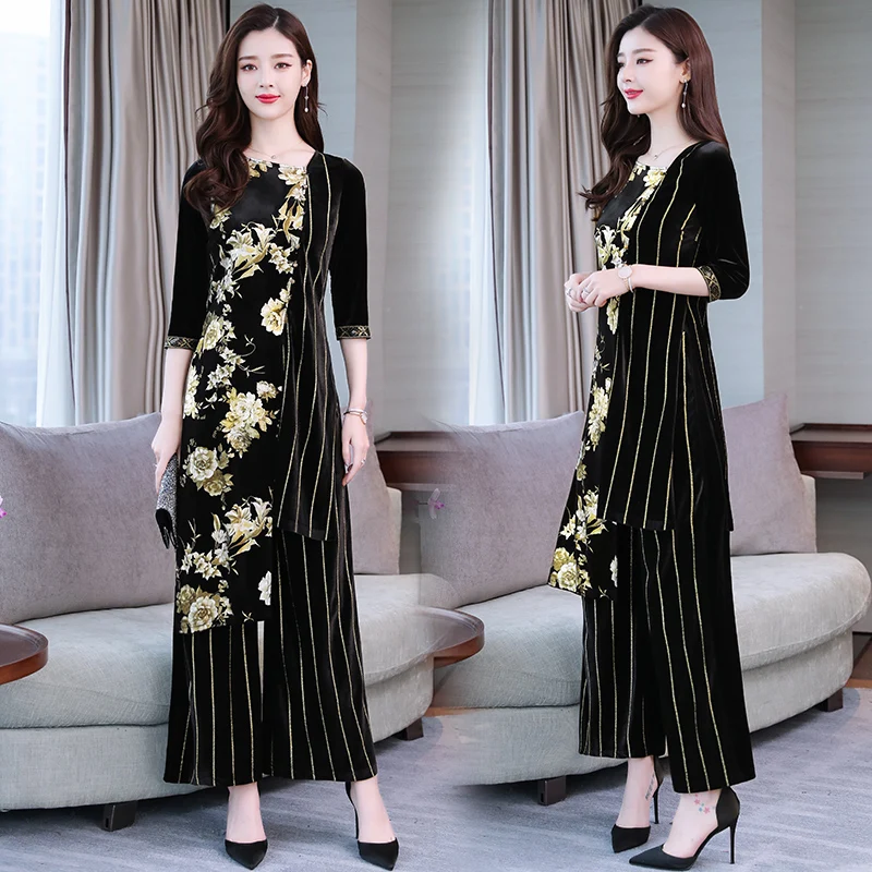

Gold velvet retro print set female 2019 new spring Slim irregular shirt + striped wide leg pants plus size 3xl