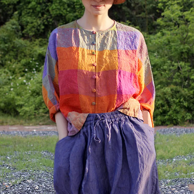 

19 Summer Pure Flax Yarn Dyed Colourful Lattice Round Neck Single Row Color Button Bat Sleeve Easy Shirt h190419