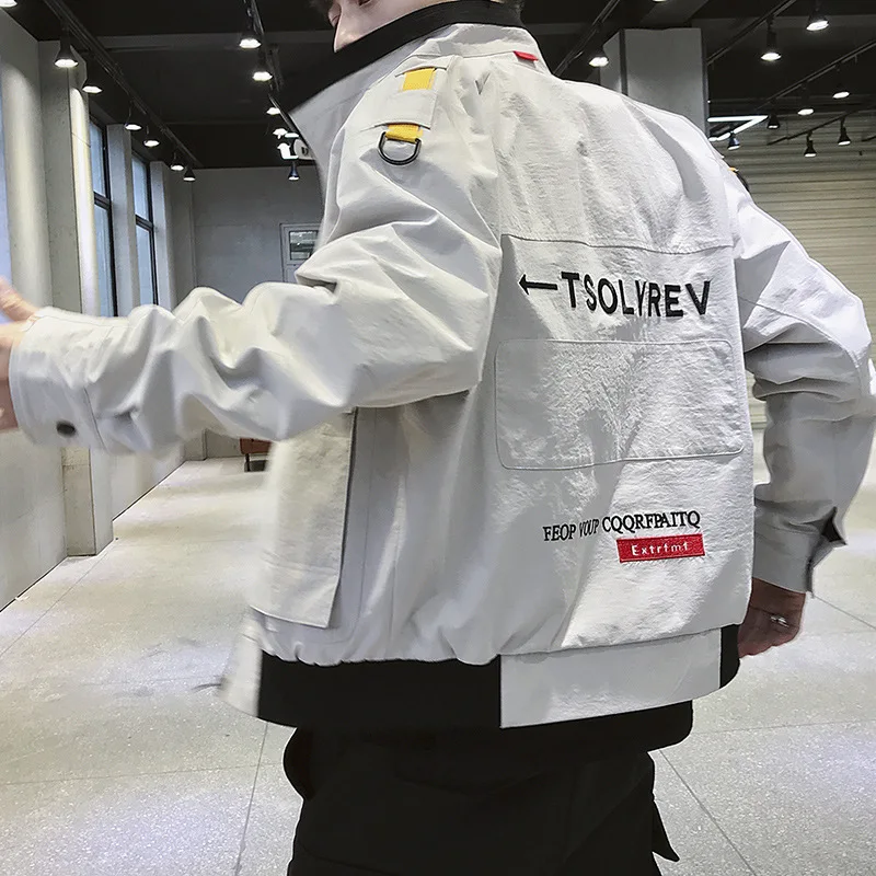 2963 Stand Collar Jacket Men Grey Black Letter Printed Streetwear Slim