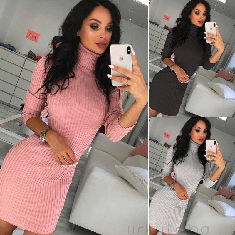 

Winter Women Ladies Casual Turtleneck Bodycon Pullover Long Sleeve Knitted Mini Dress