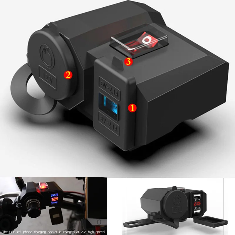 Motorcycle Charger 5V 2.1A output dual USB ports and Cigarette lighter socket outlet design With waterproof independent switch