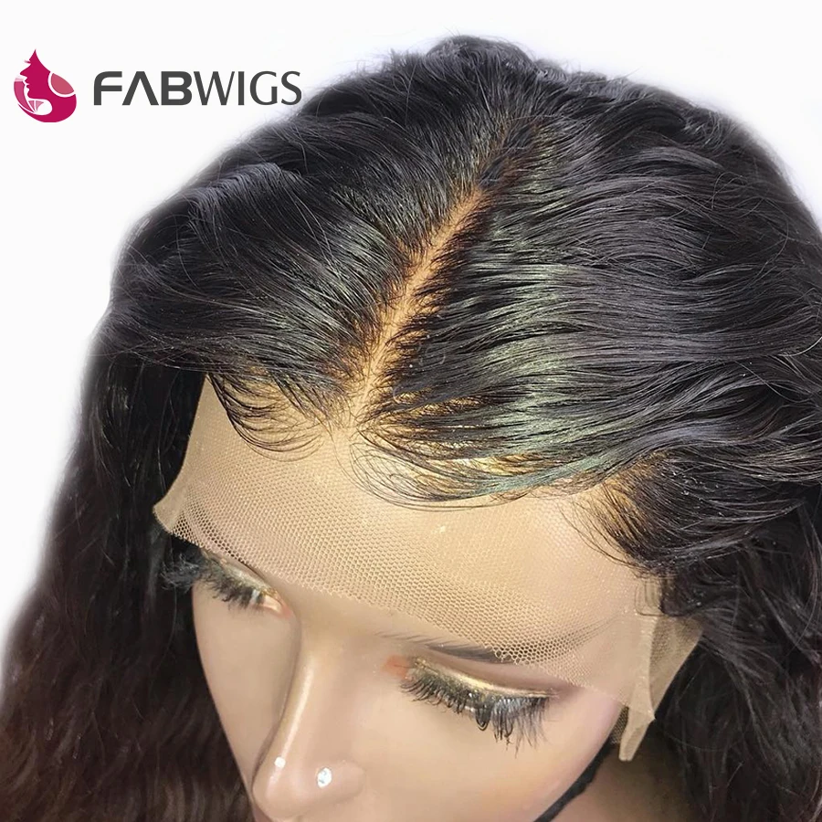 Fabwigs 13x6 глубокая часть фронта шнурка человеческих волос парики предварительно сорванный бразильский объемный волнистый парик шнурка с детскими волосами черный для женщин