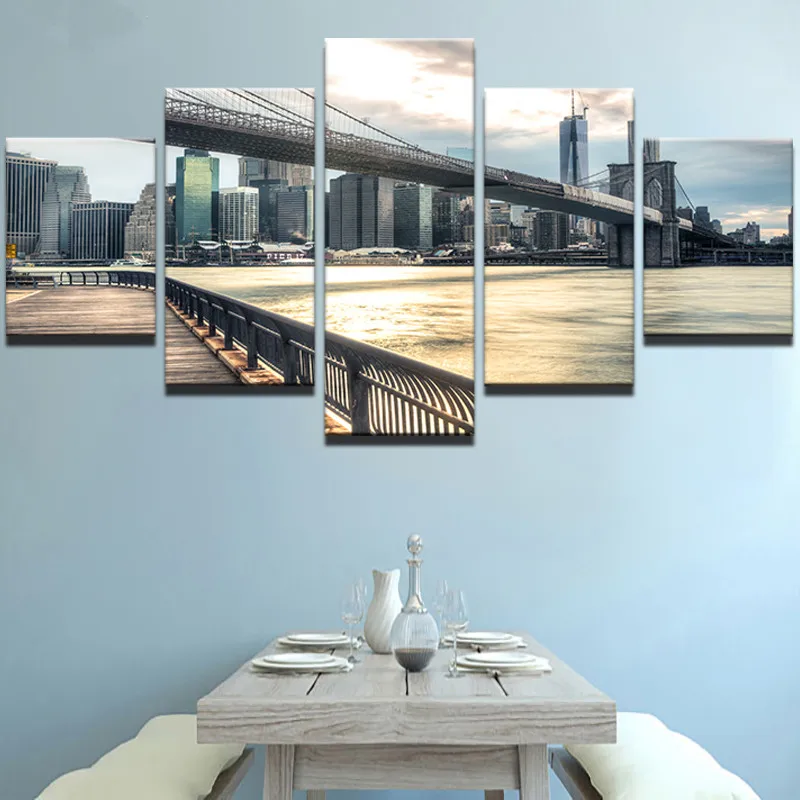 

Canvas Modular Pictures Home Decor Framework 5 Pieces Brooklyn Bridge Landscape Painting Prints Poster Living Room Wall Art