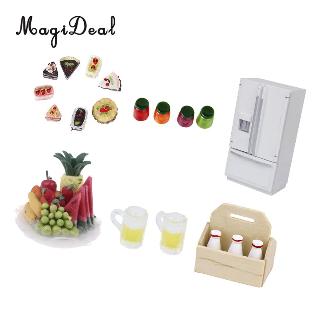 

1/12 Scale Dollhouse Modern Sense Kitchen Kitchenware Accs Mini Refrigerator&Delicious Food Drink Set Party Toys