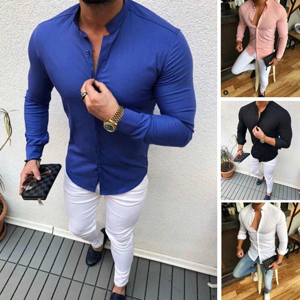 2019 nuevo estilo de moda de lujo de los hombres camisa Casual Slim Fit sólido Botón de algodón de manga larga Formal Tops|Camisas vestir| - AliExpress