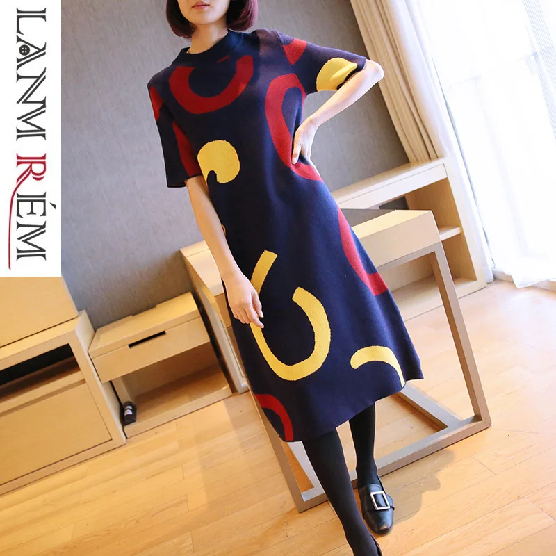 

LANMREM Spring Summer New Pattern Korean Knitting Dress Short Sleeve 2019 Contrast Color Printed Cloose Casul Clothing YH182