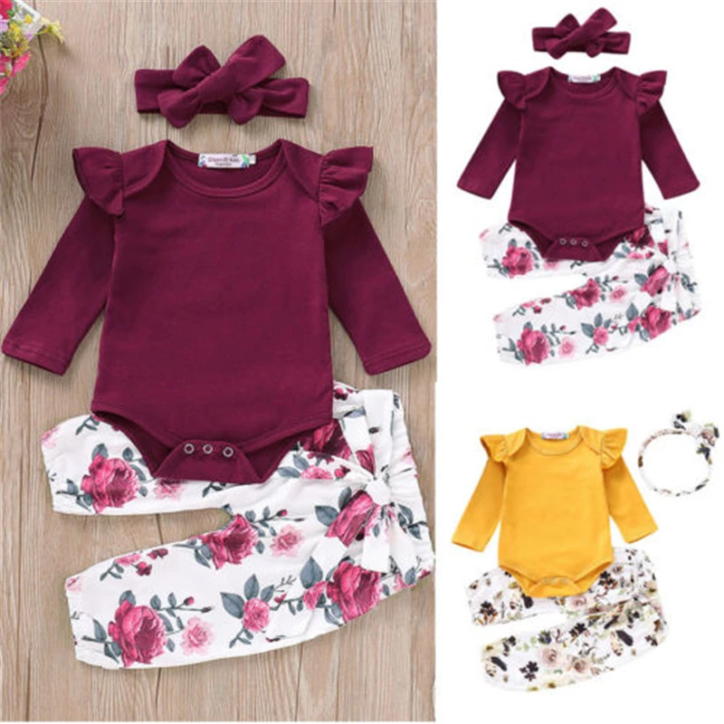

3PCS Newborn Girls Tops Romper Floral Pants Headband Outfits Set Clothes New Baby Girl Clothes Fly Sleeve Romper Floral Pants