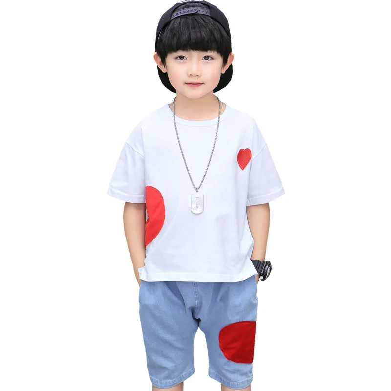 children casual patch 2 pcs set age for 3 - 12 yrs baby boys summer clothes t-shirt+short-pants simple school outfits 2019 | Детская