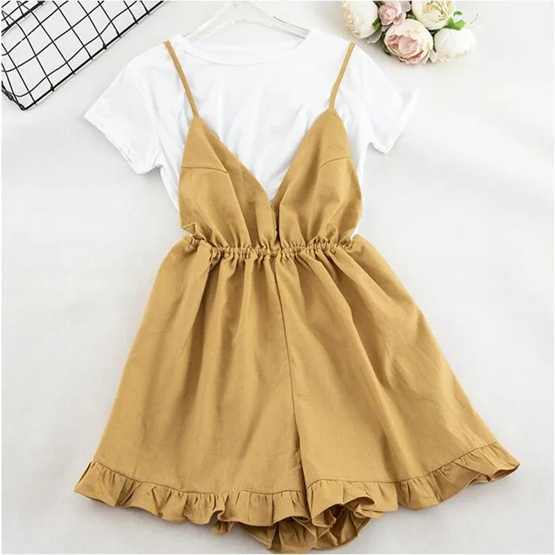 

Summer Sweet Two Pieces Set Shorts Women White Short Sleeve White T-Shirt Solid Camis Short Set