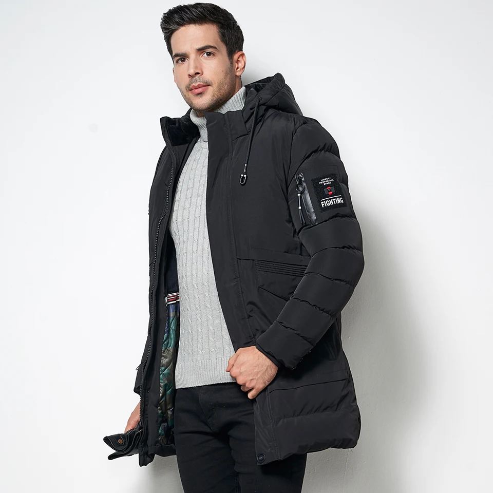 

Men's Windbreaker 2019 Winter Thick Casual Long Fleece Parka Jacket Coat Men Brand Fashion Cotton Hat Warm Parka Male - 40 Degee