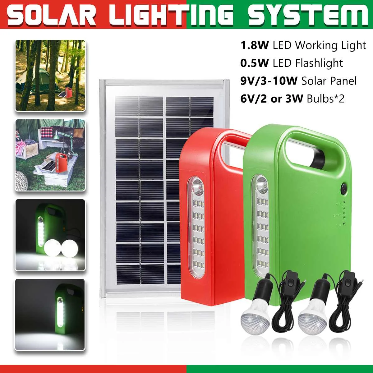 

Portable Solar Panel System 3W 6V Solar Battery Charger +4500mAh Generator +2* LED Light 5V USB Charger Lighting Function