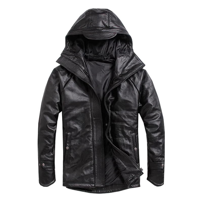 

Fashion Hooded Leather Jacket Spring Men Real Genuine Leather Coat Men Young Mens Hooded Leather Coat Warm jaqueta motoqueiro