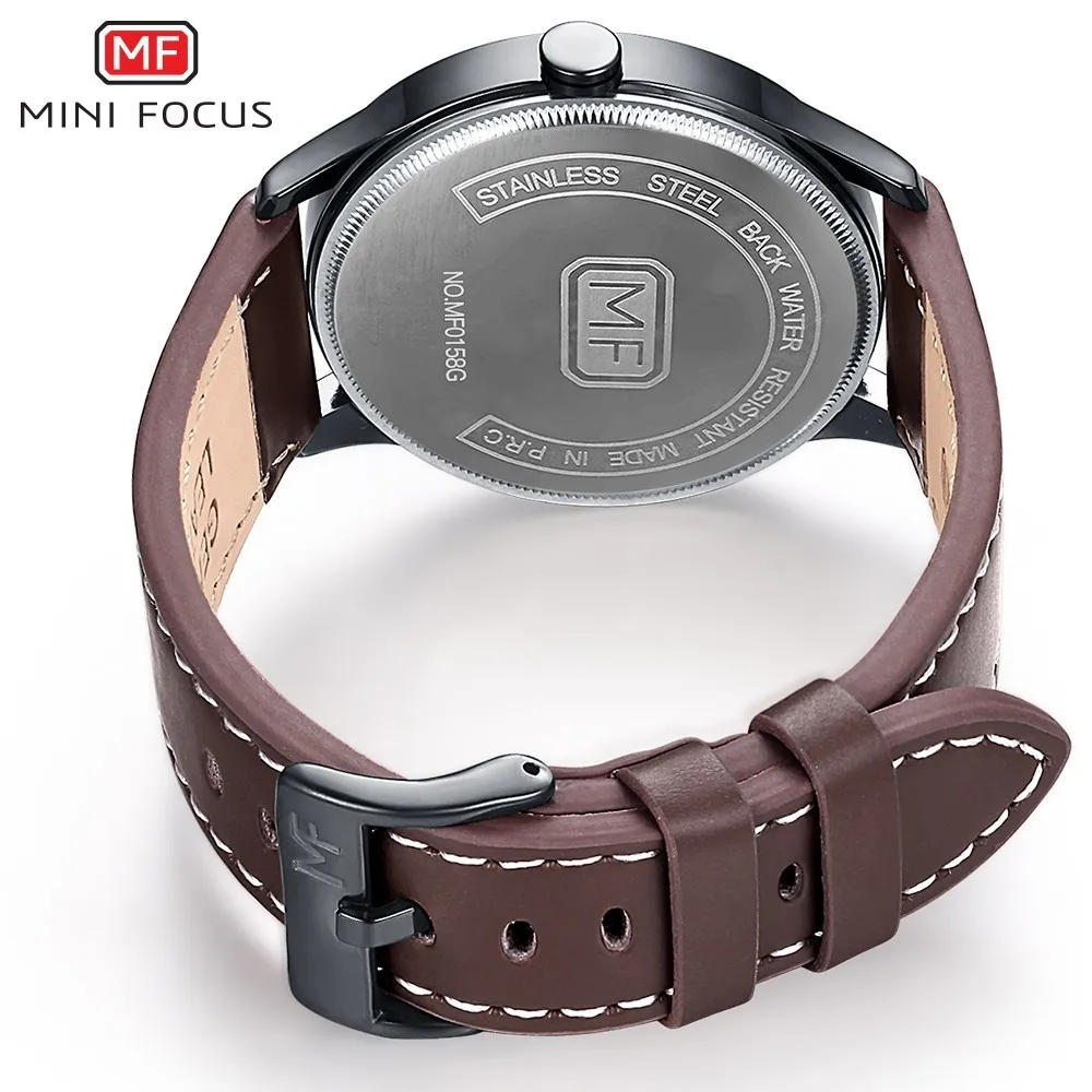 MINI FOCUS Fashion Genuine Leather Watch For Men Luxury Casual Men's Wristwatch Clock Quartz Arabic Number Calendar Analog Watch