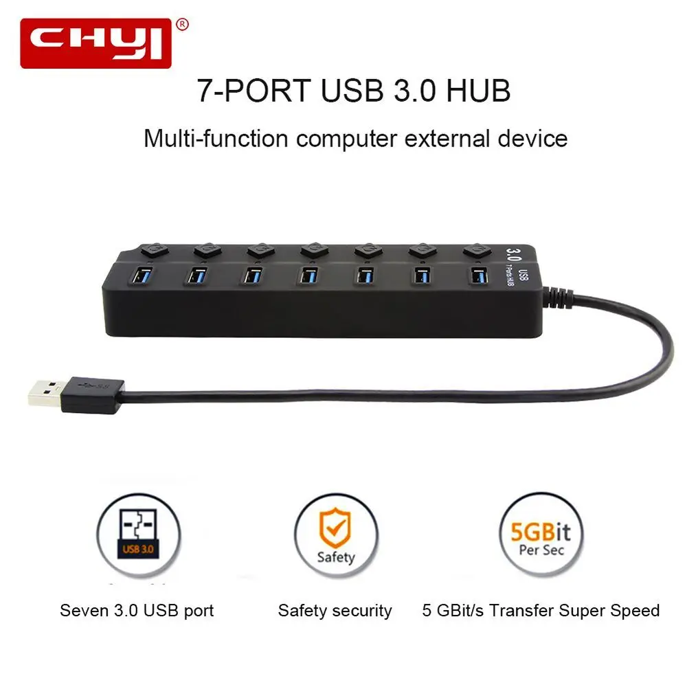 USB chyi 3,0 хаб USB-A до 7 порты USB концентраторы с DC 5 В/2A питание светодиодный ON/OFF переключатель USB 3,0 сплиттер адаптер для портативных ПК