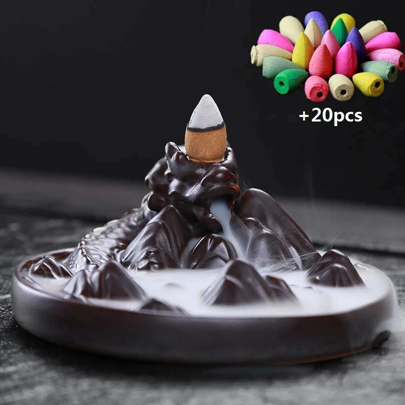 

Ceramic Black Dragon Backflow Waterfall Incense Burner Coil Holder Aromatherapy Buddhist Censer Home Decor +20pcs Incense Cones