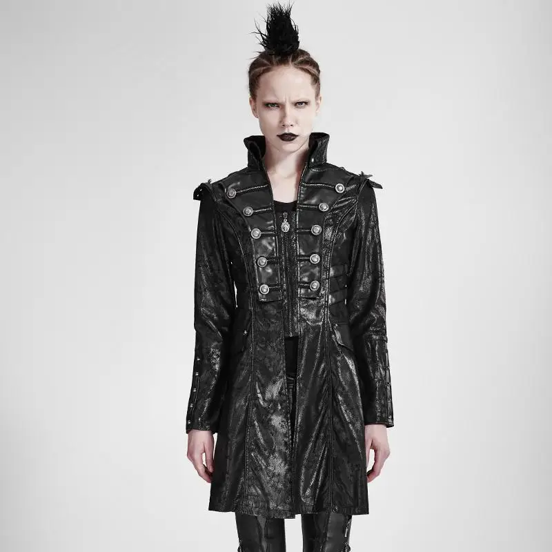 

Punk Rave Women's Front Zipper Rivets Faux Leather Military Long Jacket Y-366F