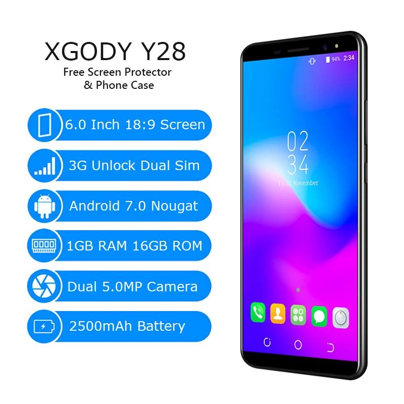 XGODY Y28 смартфон с двумя sim картами 6 дюймов 18:9 Android 7 0 4 ядра 1 Гб + 16 ГБ мобильного