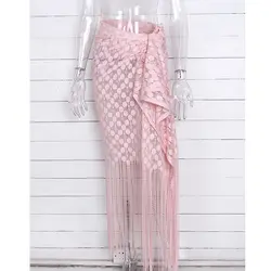 2019 Новая женская Бохо длинная юбка цветочный Лето кружево выдалбливают кисточкой праздник юбки для женщин Пляж море боковая одежда