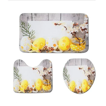 

Occident Style 3Pcs Bathroom Floor Mat Flannel Toilet Pad Set With Happy Easter Printing Pattern Non-Slip Combination Rugs Set