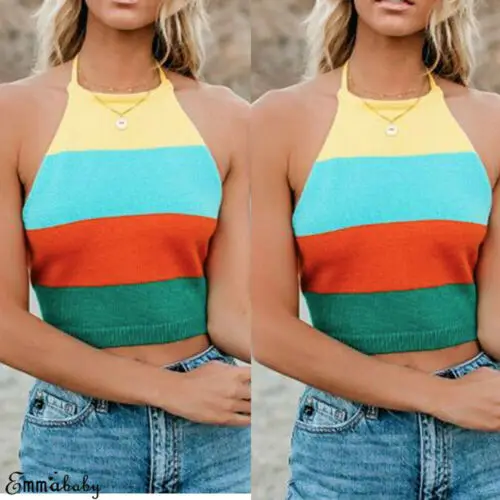 

2019 arrival Women Knit Backless Vest Crop Top Lady Shirt Rainbow Bandage Vest Summer Top New