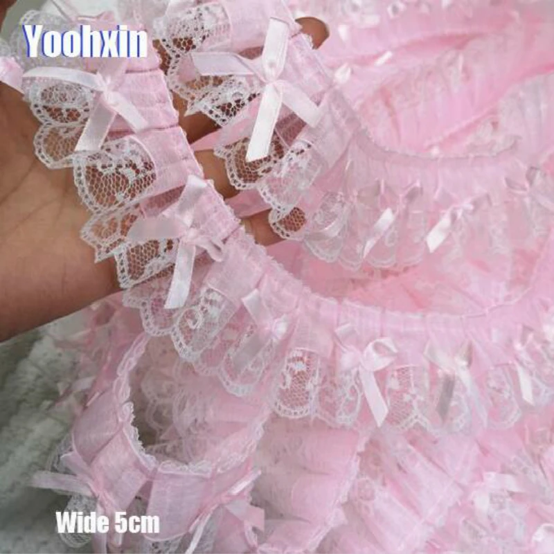 5CM Wide Pink Embroidery 3D Flower Tulle Lace Fabric Trim Ribbon DIY Sewing Applique Collar Fringe Tassel Wedding Guipure Decor 2