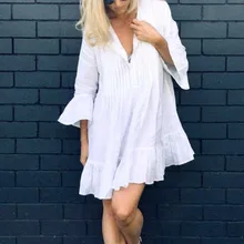 Белый хлопок Cover UP для женщин топы корректирующие пляжное платье туника длинные Парео Бикини, верхняя одежда