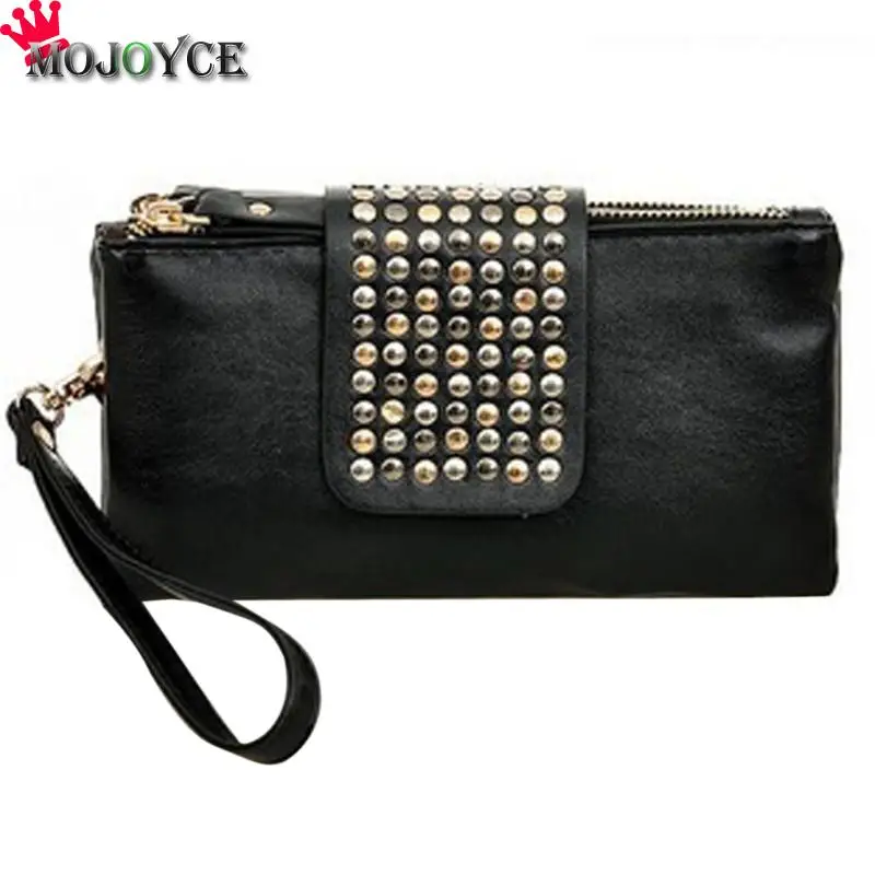 Women PU Leather Fashion Black Rivet Women Long Clutch Wallet Large Capacity Wallets Female Purse Lady Purses Phone Pocket Card