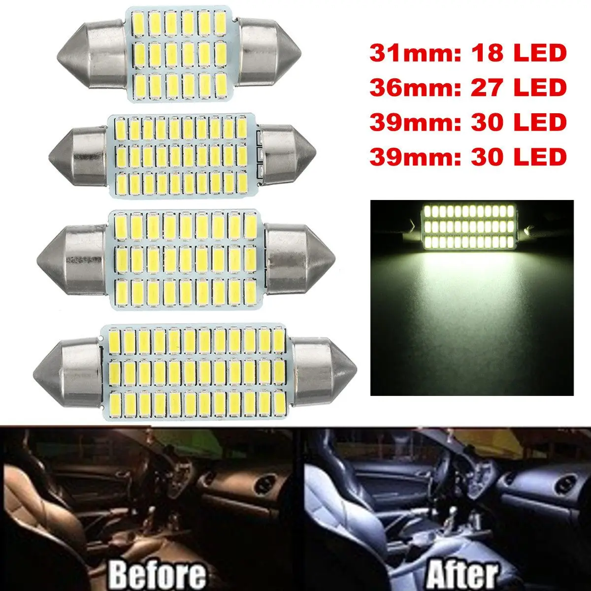 

C3W LED 31/36/39/41mm 3014 Car Interior Roof Lighting Reading Lights Dome Light License Plate Lamp 12V