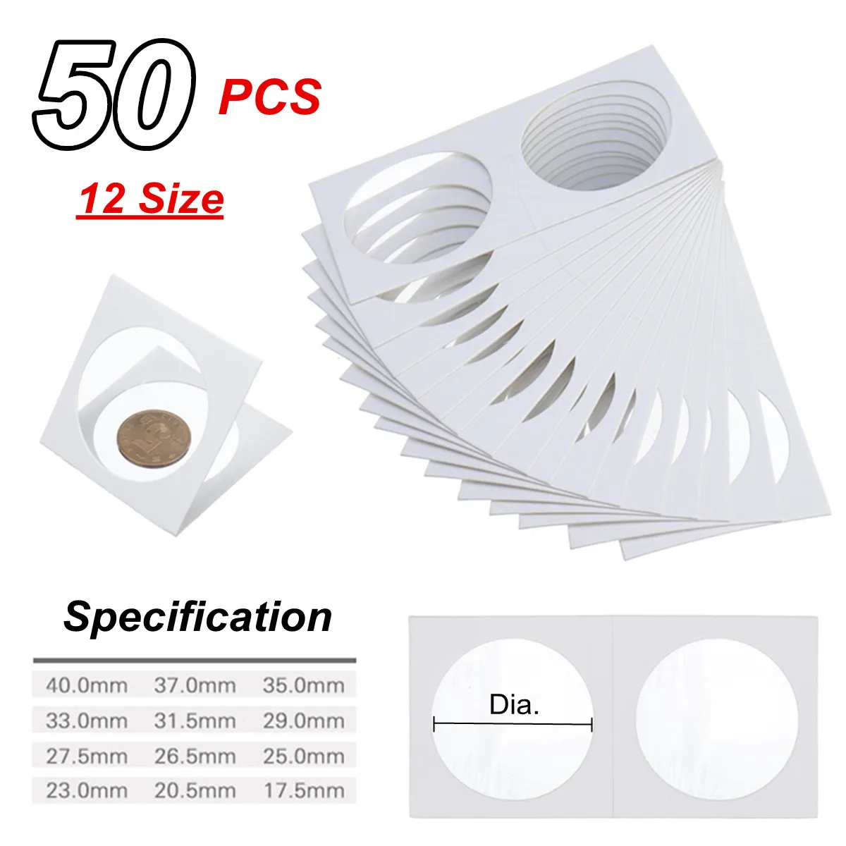 100x Cardboard Coin Protection Storage Display Holders Paper Clip 40MM White