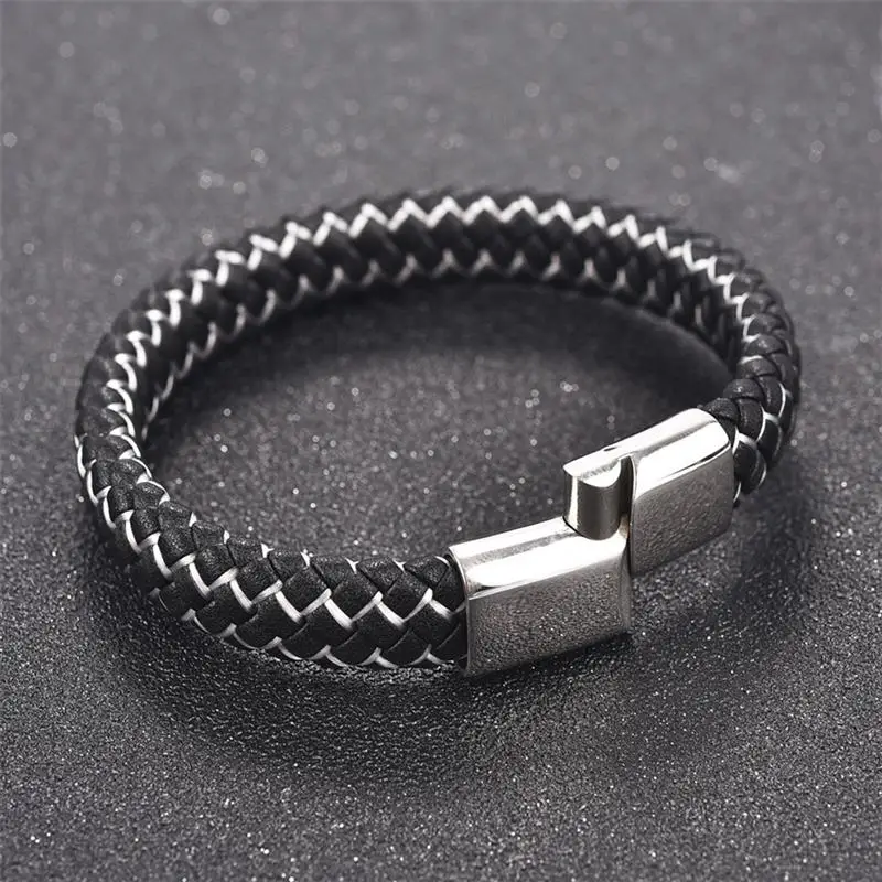 

OBSEDE New Fashion Men Braided Leather Bracelet for Male Stainless Steel Magnetic Clasp Hand Jewelry Vintage Bangles Gifts