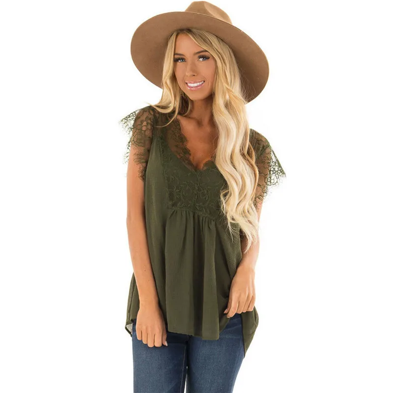 Fashion Ladies Lace Stitching Solid Color Elegant T-Shirt V-Neck High Waist Hollow Crease Comfortable Chiffon T-Shirt Sizes S-XL