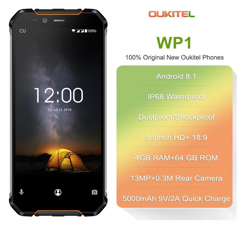 

OUKITEL WP1 IP68 Waterproof Phone 5.5''+ 18:9 MTK6763 Octa Core 4GB RAM 64GB ROM Android 8.1 5000mAh Wireless Charging CellPhone