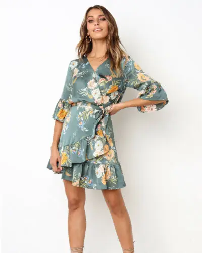 

2019 Hot Women Girl Sexy Floral Printed Boho V neck Slim Ruffle Wrap Dress Evening Club Party Beach Dresses Sundress 2019 new