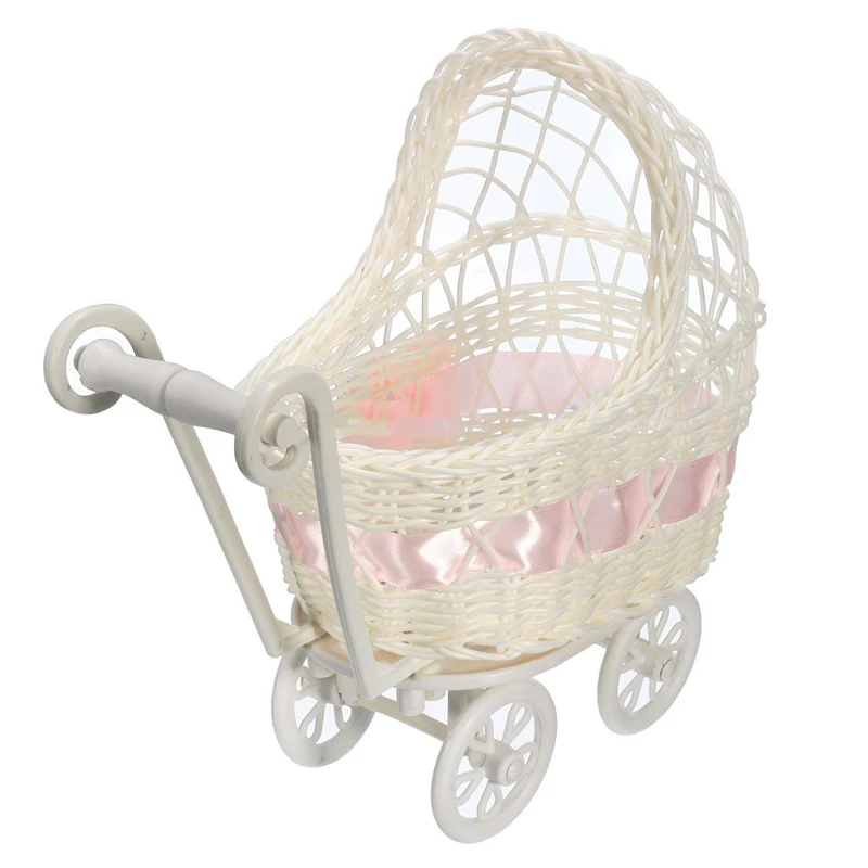 

New Baby Doll Pram Wicker Basket Wicker Knitted Decor Flower Vase Basket Small Home Desk Storage Organizer Basket Crafts Decor
