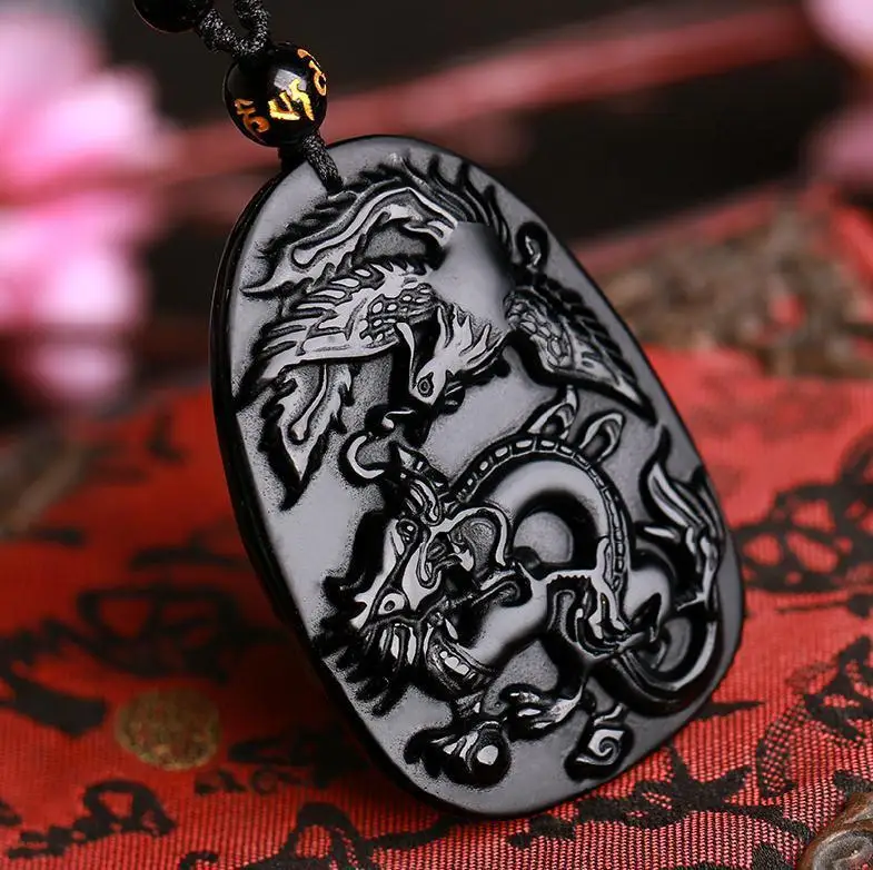 

natural ice Obsidian jade Hand carved dragon & Phoenix pendant