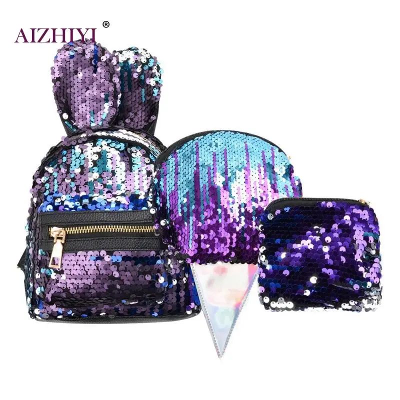 

2019 New Small Bling Ladies 3pcs/set Women Rabbit Ear Sequin Mini Backpacks Teenager Girl Casual Shoulder Bags