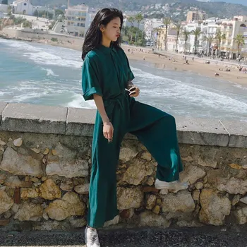 

2019 Summer Women Green Casual Jumpsuit Short Sleeves Wide Legs Jumpsuit Sashes Beach Loose Overalls Female
