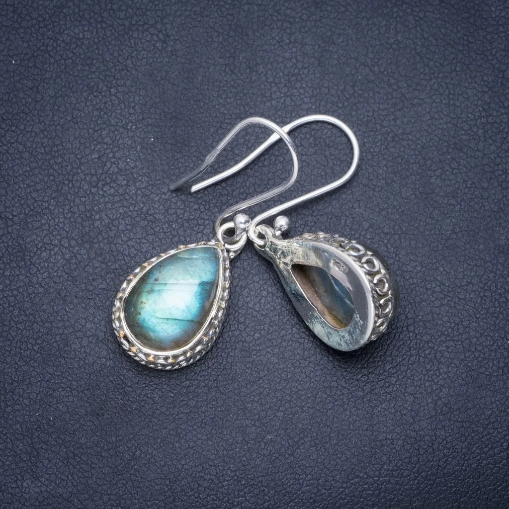 Natural Blue Fire Labradorite Handmade Unique 925 Sterling Silver Earrings 1.25" A0996