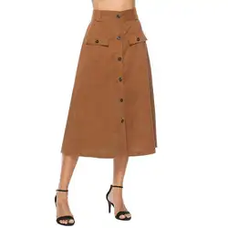 2018 новая Япония Корея Мода ретро Расклешенная юбка миди-длина кнопка карман А-силуэт Расклешенная юбка Harajuku уличная Женская юбка