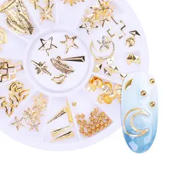 Золотые заклепки шипы для ногтей 3D украшение для ногтей Золотое кольцо Звезда Круглый квадратный смешанные аксессуары в колеса для DIY