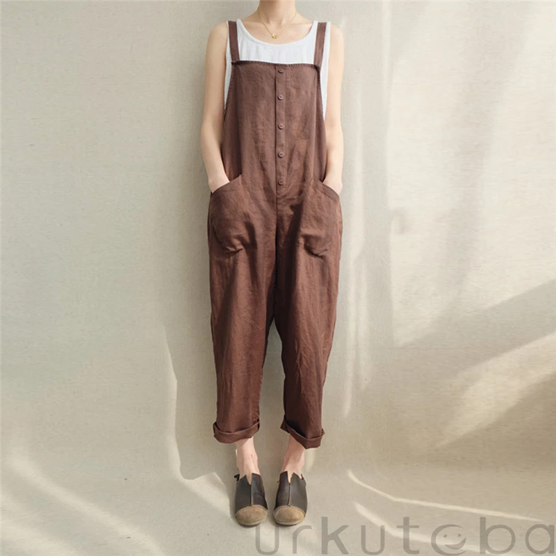 

Womens Casual Loose Linen Pants Cotton Jumpsuit Strappy Harem Trousers Overalls